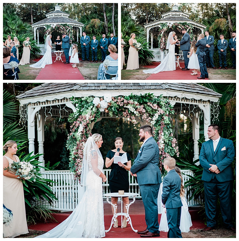Bride and groom say their vows at outdoor ceremony in Etudes de Ballet & Co. wedding venue in Naples, Florida.
