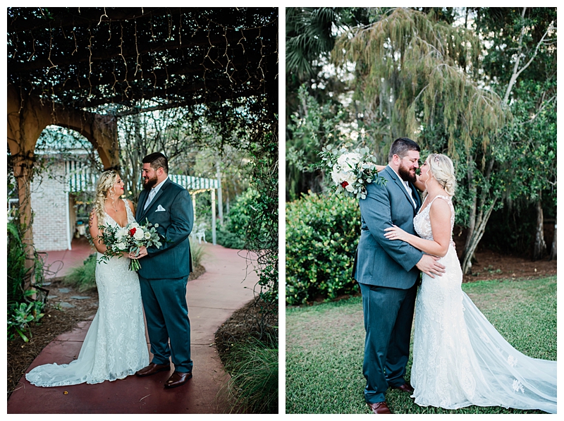Bride and groom embrace in outdoor Florida scenery.