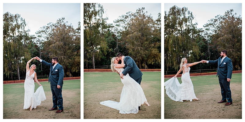 Bride and groom dance in outdoor Florida meadow scenery.