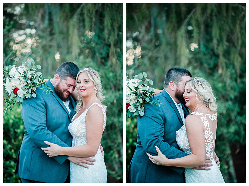 Bride and groom embrace under draping willow tree in Naples, Florida.