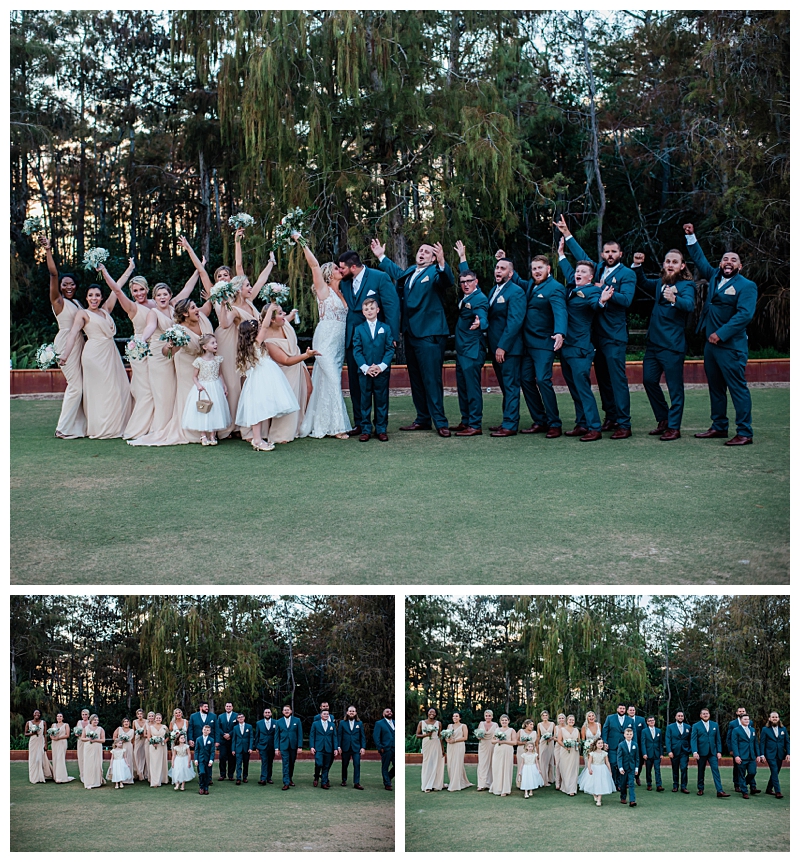 16 person bridal party celebrates bride and groom in Naples, Florida wedding day.