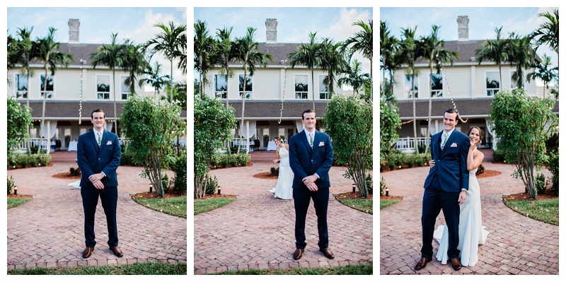 Bride and groom sneak a peek during first look on Southwest Florida wedding day
