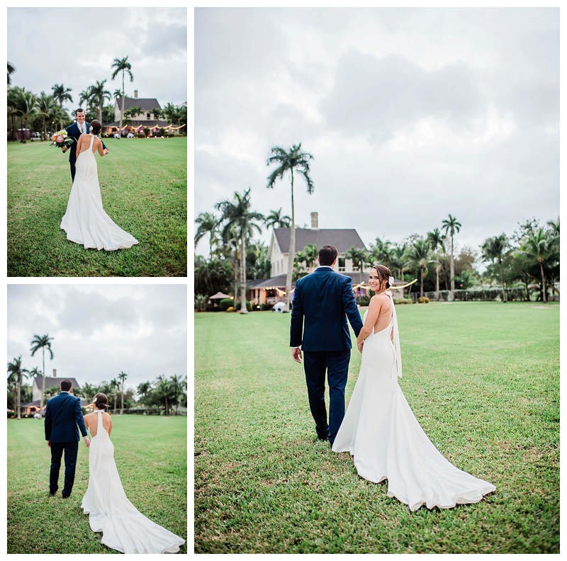 Bride and groom walk among Florida greenery on wedding day at The White Orchid at Oasis wedding venue