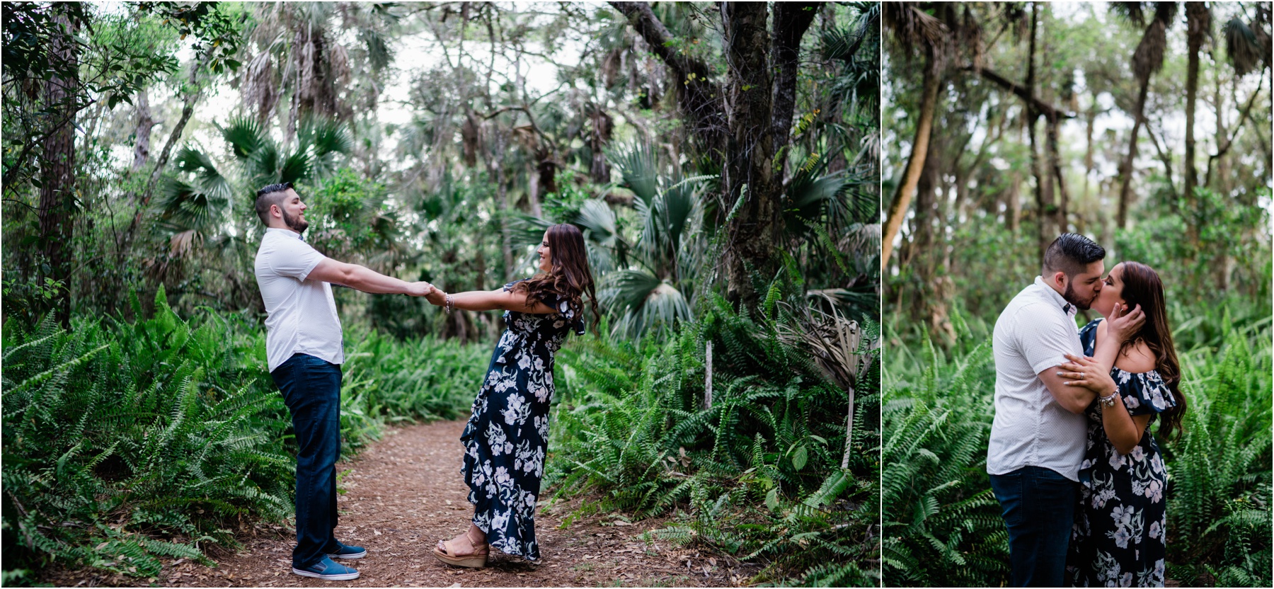 Caloosahatchee Creeks Preserve engaged couple dances in Florida foliage