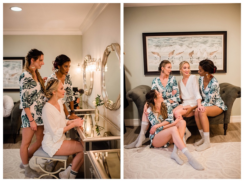 Bridesmaids get ready with bride at Harbor House Oceanfront venue wedding day