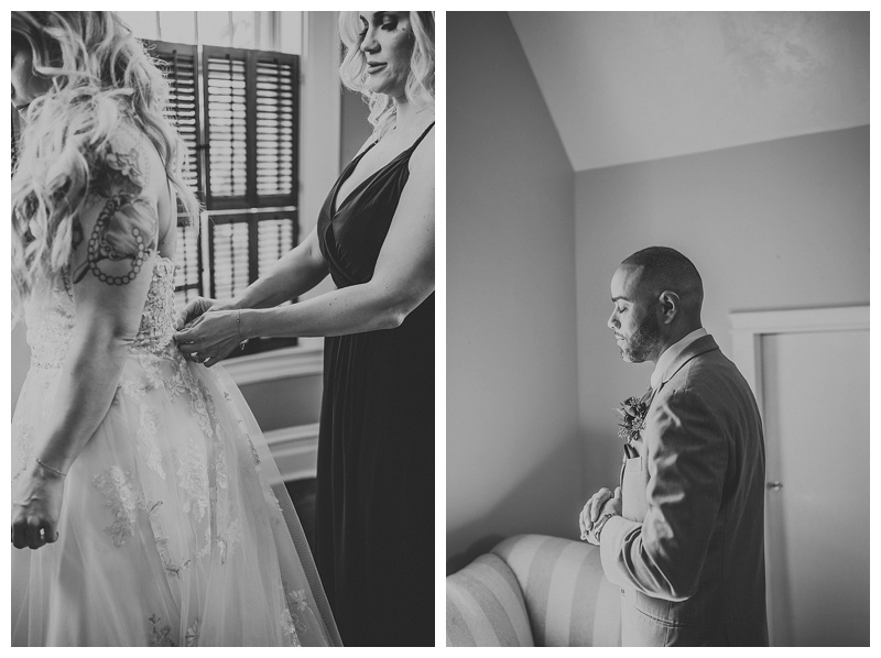 Bride and groom get ready on wedding day at The Heitman House