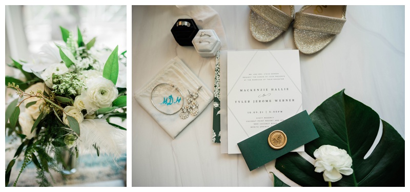 dark green wedding day details with green and white bridal bouquet