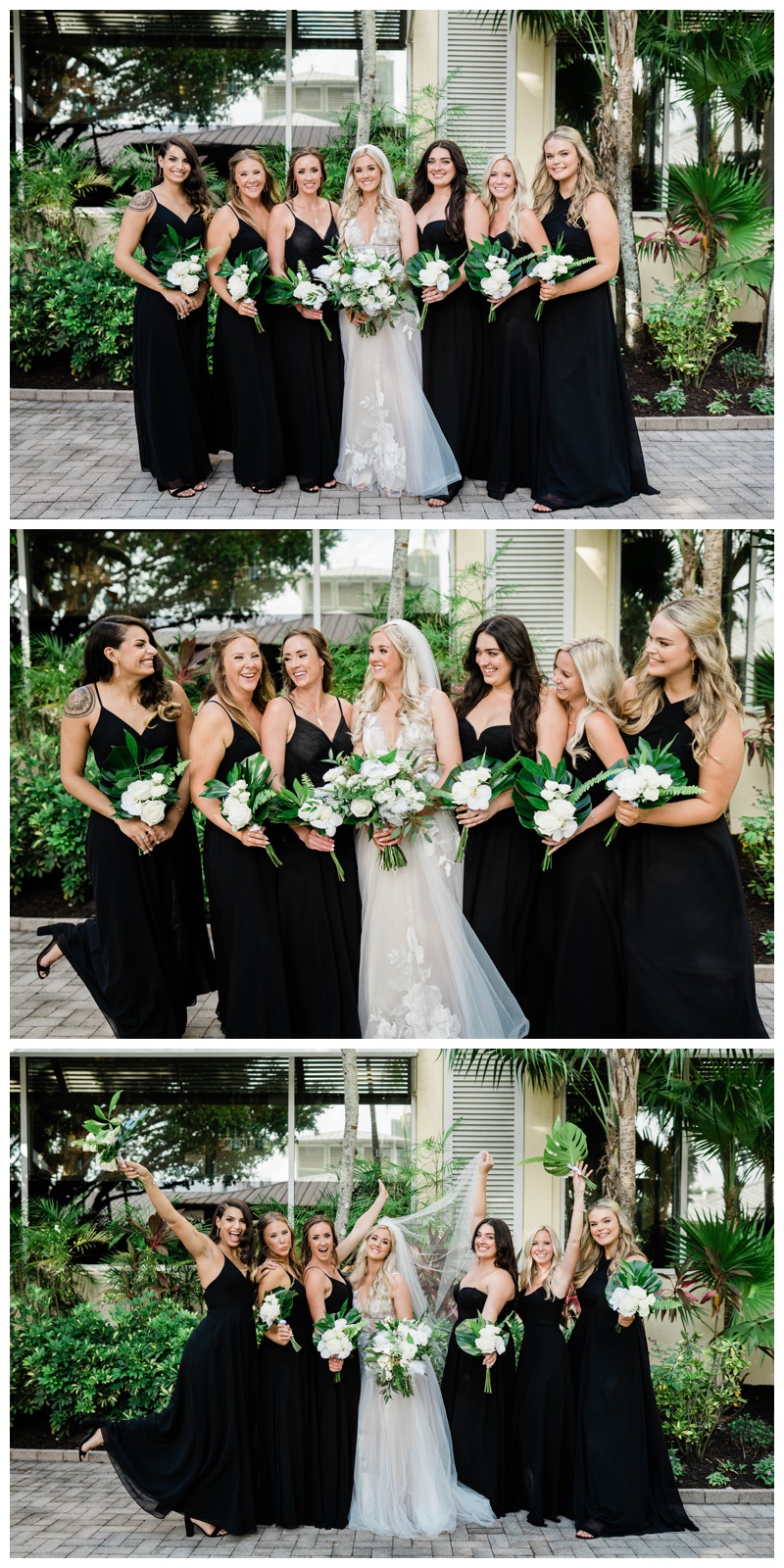 black bridesmaids dresses with tropical bridesmaid bouquets