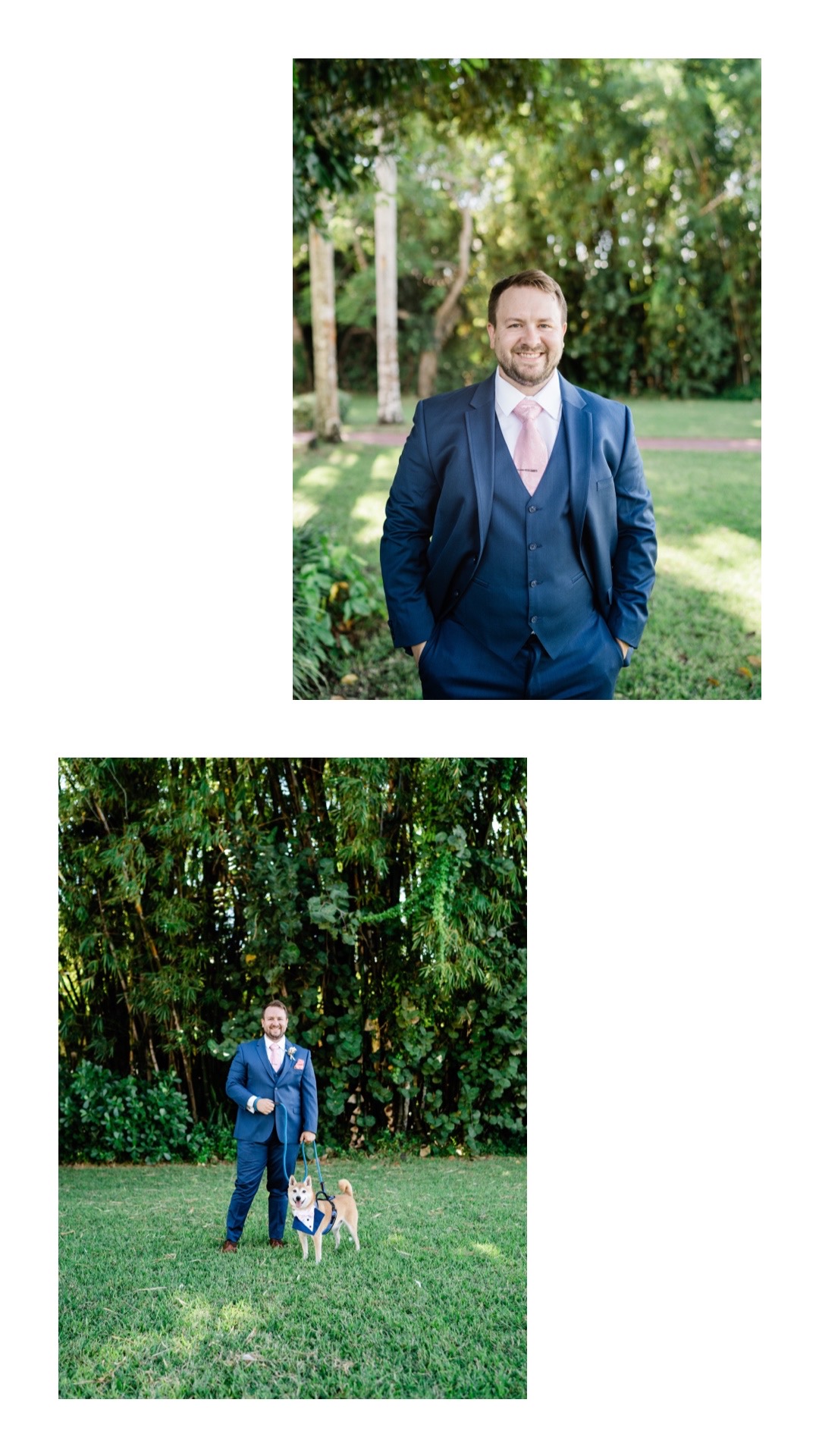 Florida groom smiles with his dog. Dog wears a tuxedo and groom wears a navy blue suit and pale pink tie