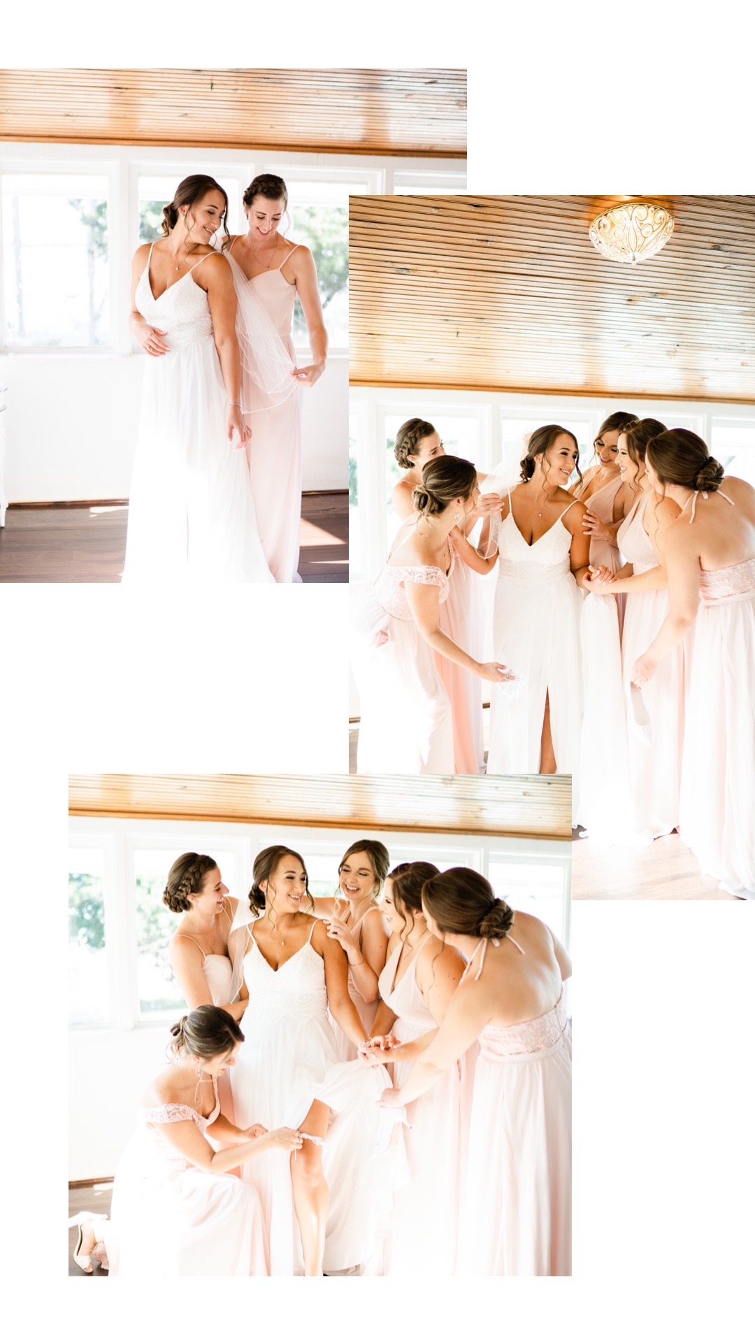 Florida bride gets into dress with bridesmaids in pink dresses