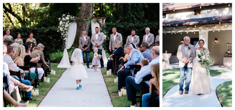 Bride walks down aisle with father as her daughter the flower girl walks ahead in Southwest Florida wedding ceremony