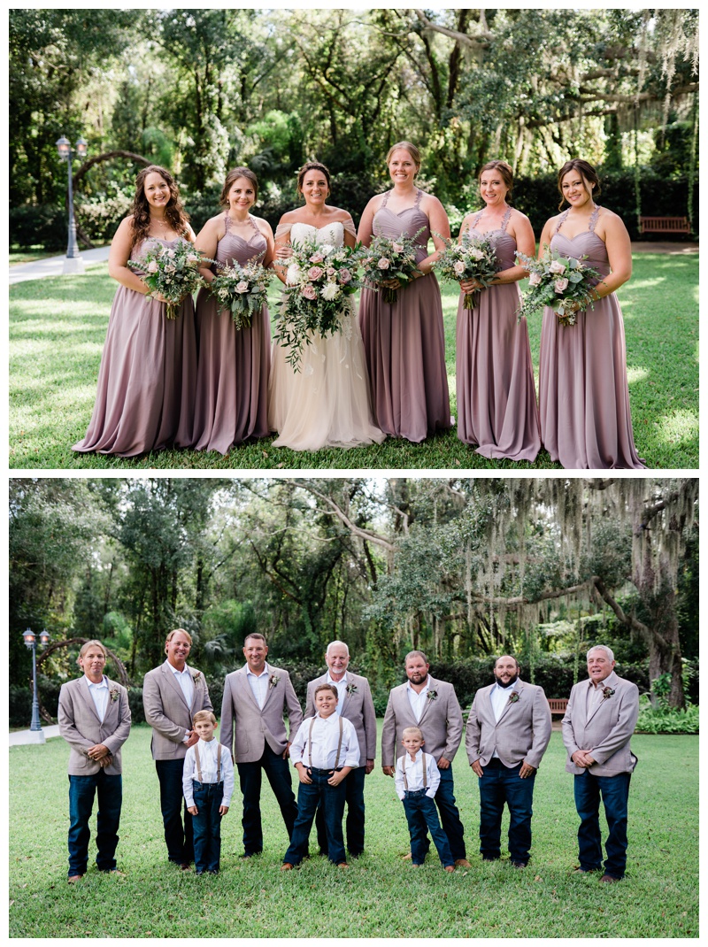 bride stands with bridesmaids in mauve bridesmaids dresses and greenery bouquets. Groom stands with groomsmen with tan suit jackets and dark jeans