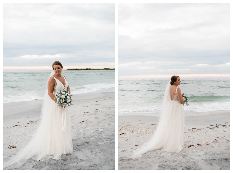 Bride smiles elegantly on the beach during destination wedding in Southwest Florida