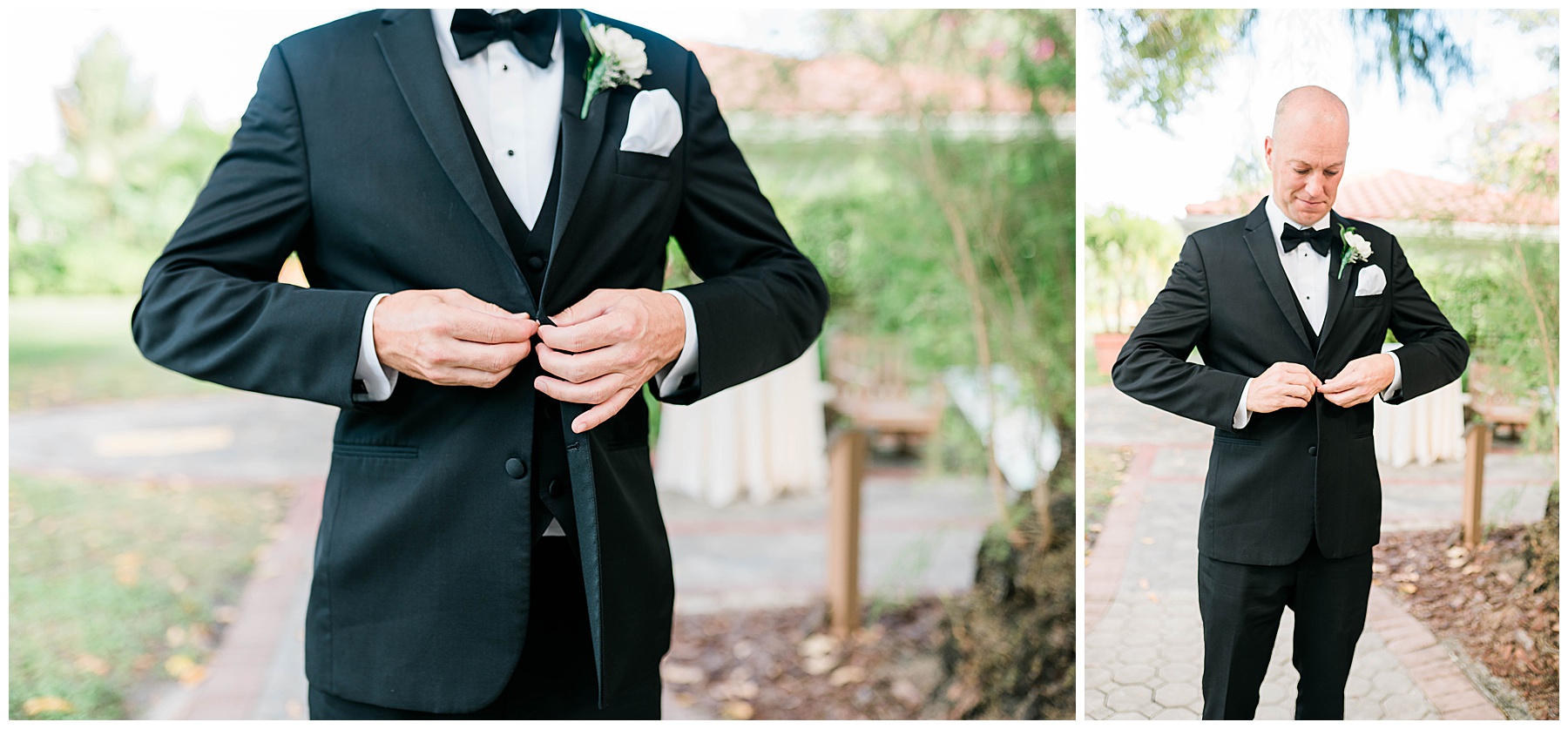 groom gets ready on Southwest Florida wedding day with black tuxedo and white floral boutonnière