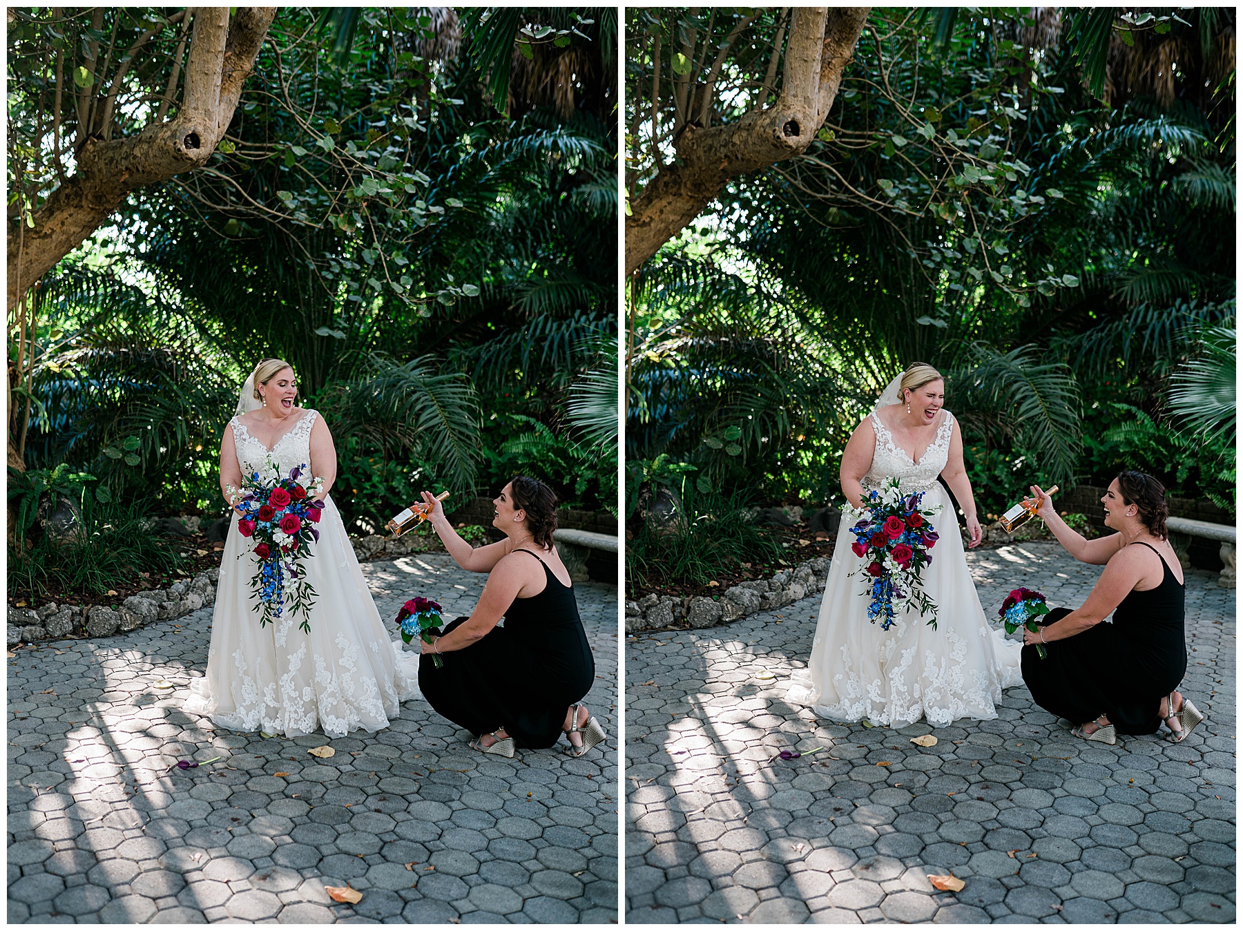 Florida bride laughs with bridesmaid during Southwest Florida winter wedding day