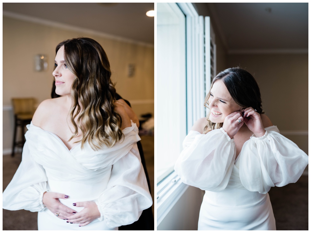 Florida bride gets ready in long sleeve off the shoulder bridal gown