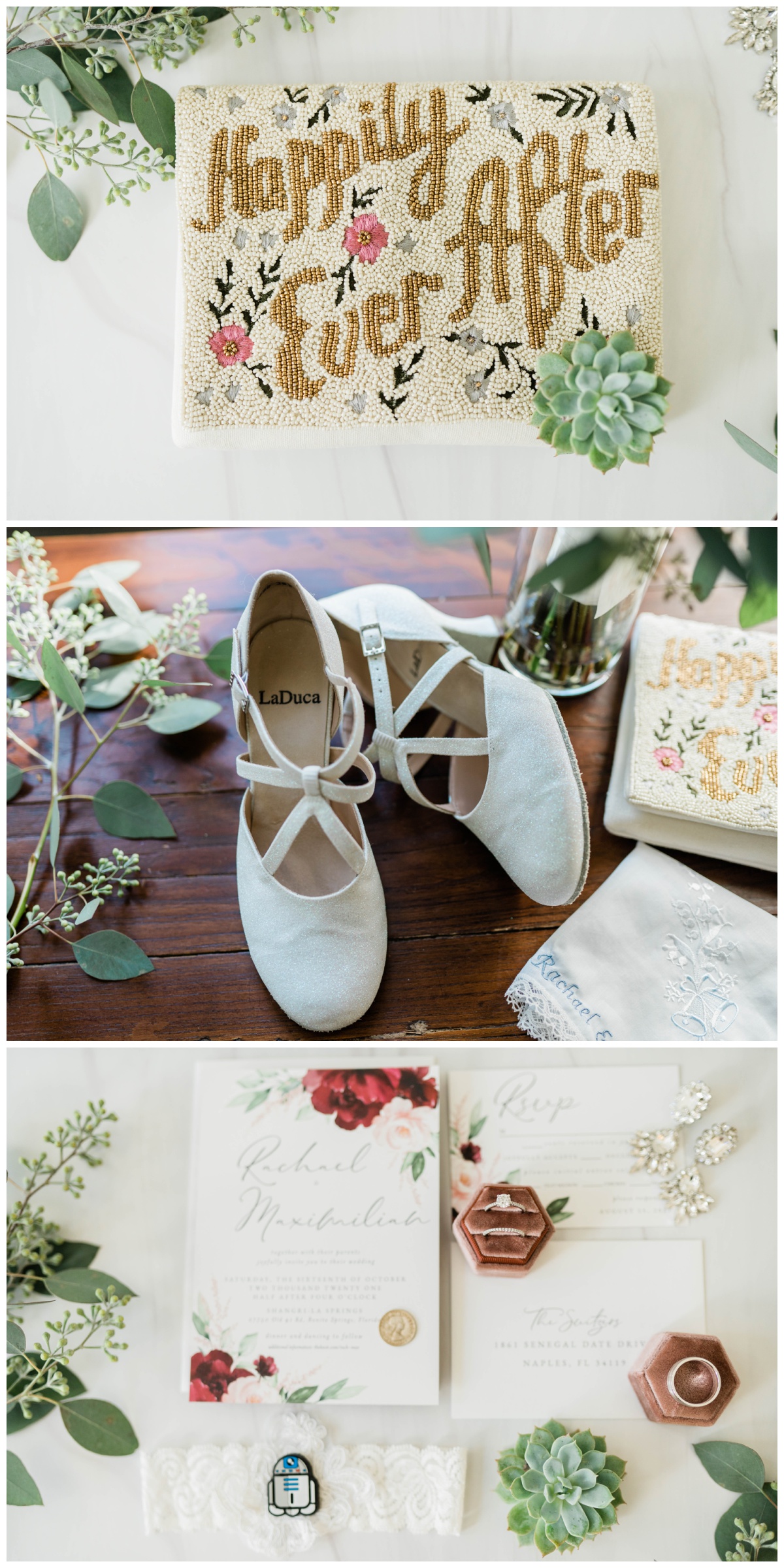 feminine bridal details, La Duca white heels, pink floral wedding invitation suite and Happily Ever After beaded clutch