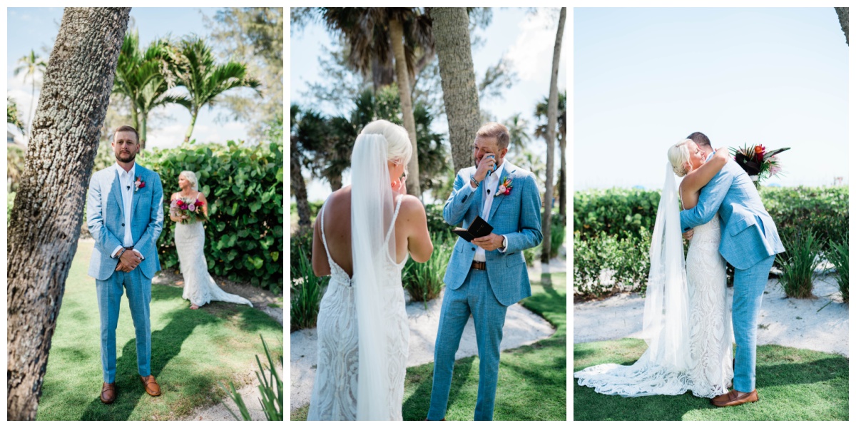 bride and groom cry together during emotional first look on destination wedding day in Sanibel, Florida