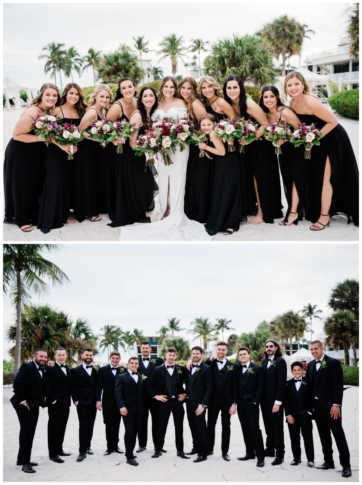 Bride stands with dark mauve toned florals and bridesmaids in black bridesmaids gowns, groomsmen in tuxedos on beach wedding day