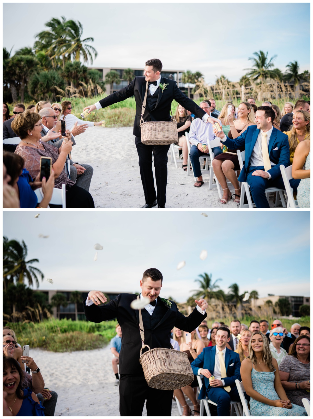Flower man hands out rose petals and beer as he walks down the aisle in Florida beach wedding