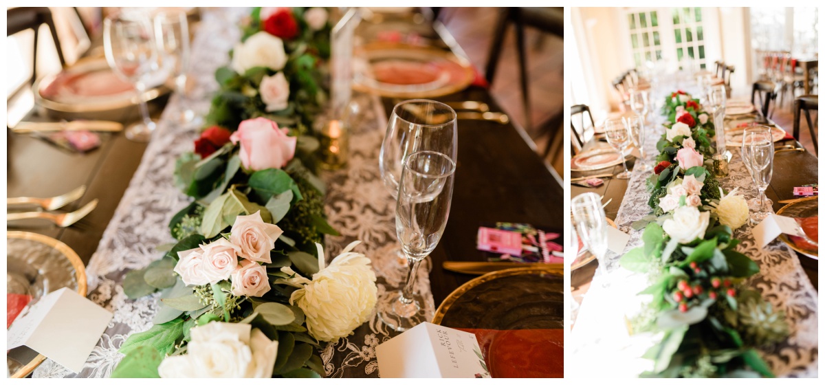 rose lined wooden reception tables at Shangri-La Springs wedding reception
