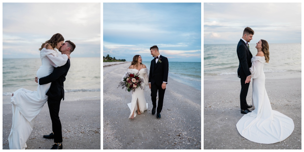 winter Southwest Florida beach wedding bride and groom sunset photos