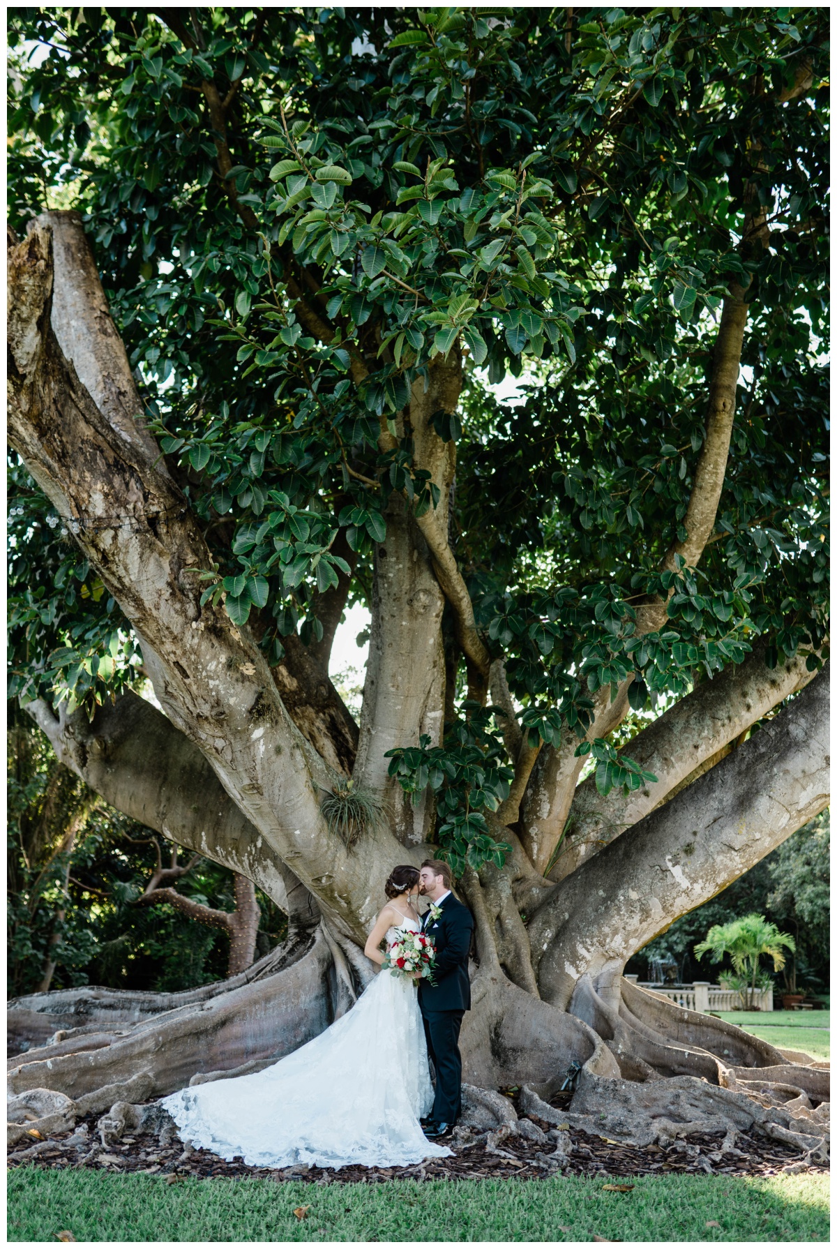 Fort Myers wedding bride and groom kiss under banyan tree