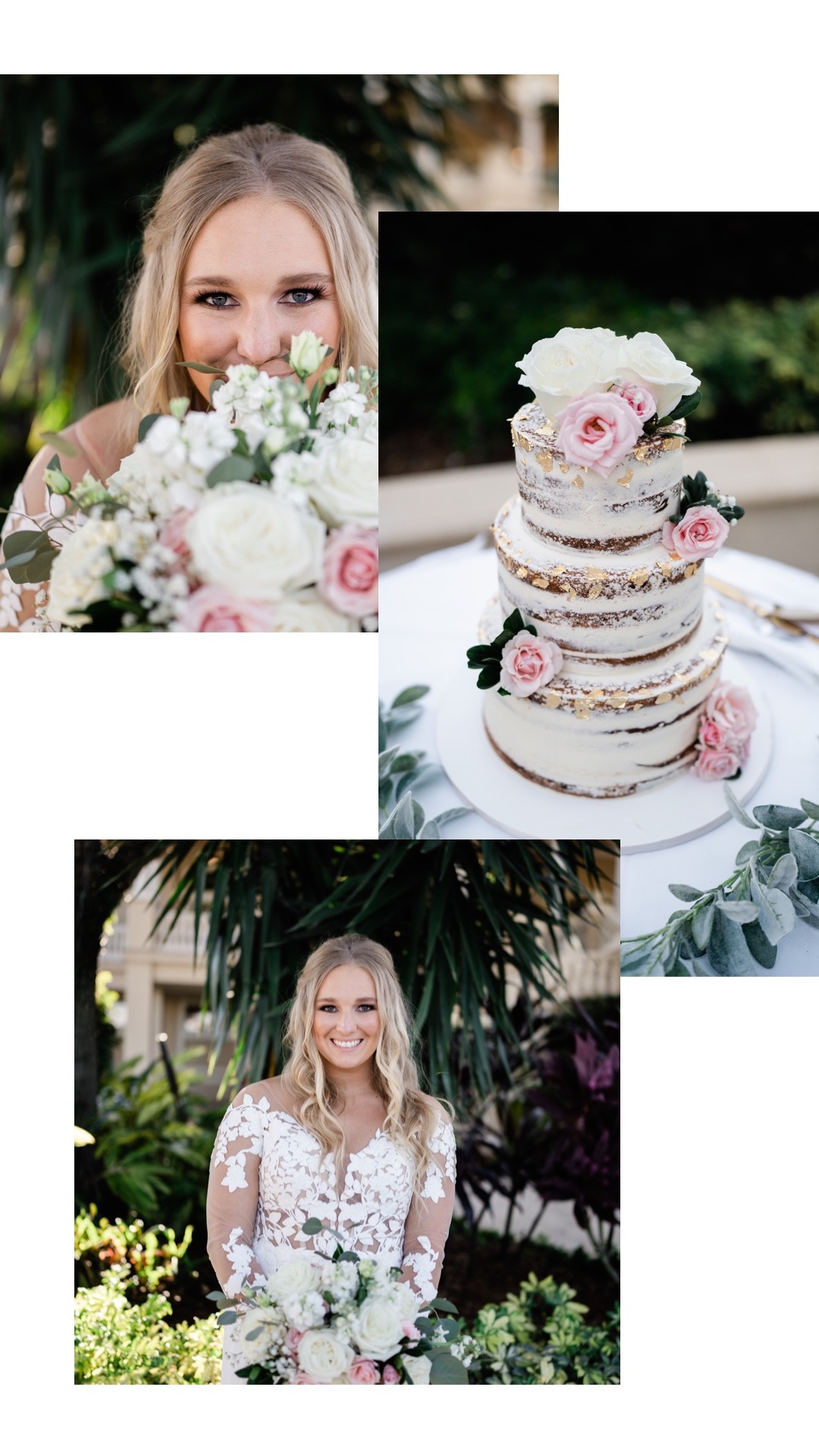 Florida bride with half up half down curled hair, pink and white rose bridal bouquet and pink and white semi naked three tier wedding cake with gold flakes