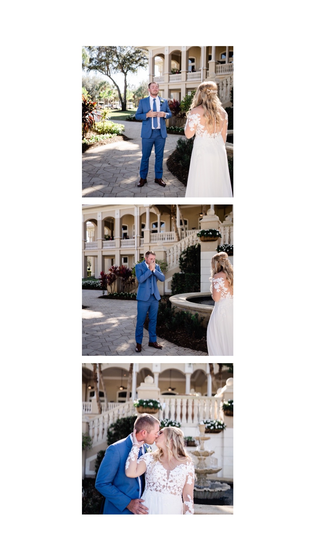 Florida bride and groom share first look. Groom cries as he sees bride