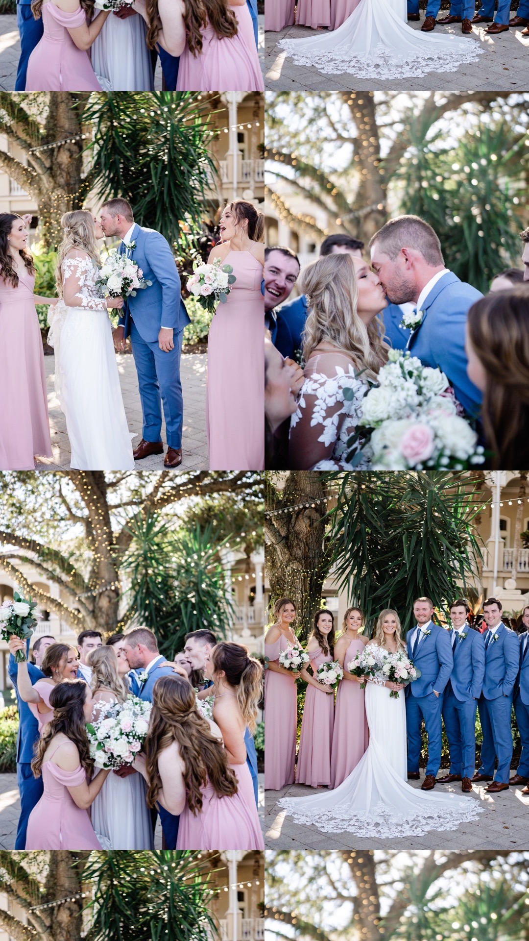 Florida bride and groom stand with bridal party. Bridesmaids wear pink bridesmaids dresses and groomsmen wear light blue groomsmen suits