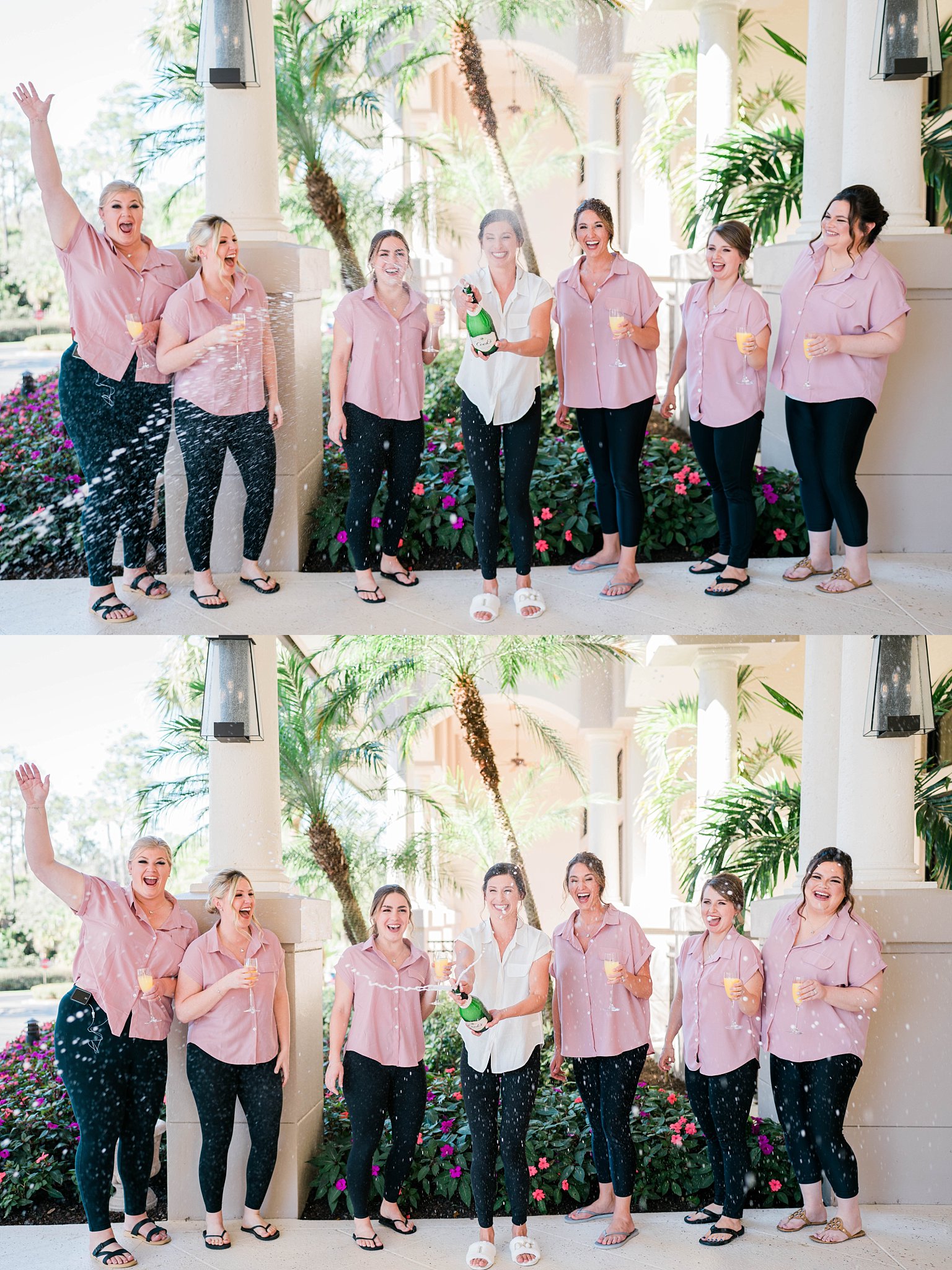 Florida bride and bridesmaids pop champagne during Fort Myers Florida wedding day