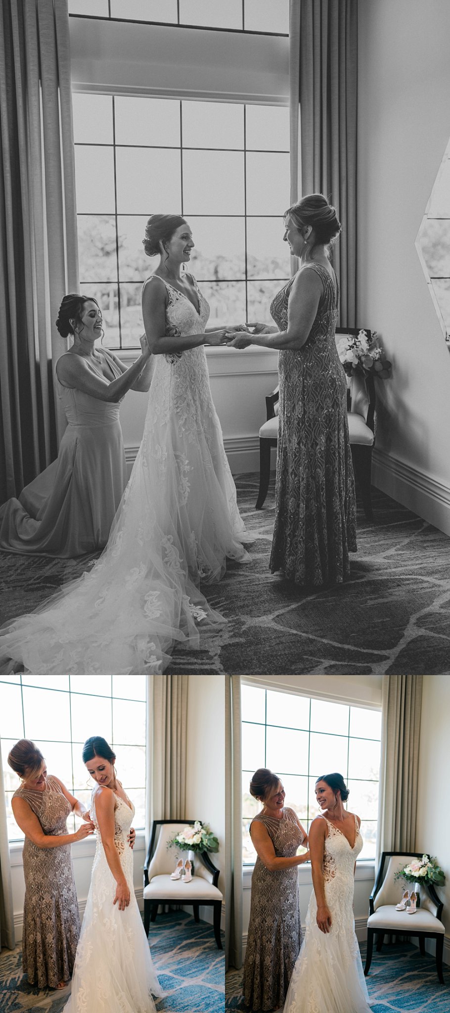 Bride stands with mom and mother in law as she dresses for Fort Myers Florida wedding day