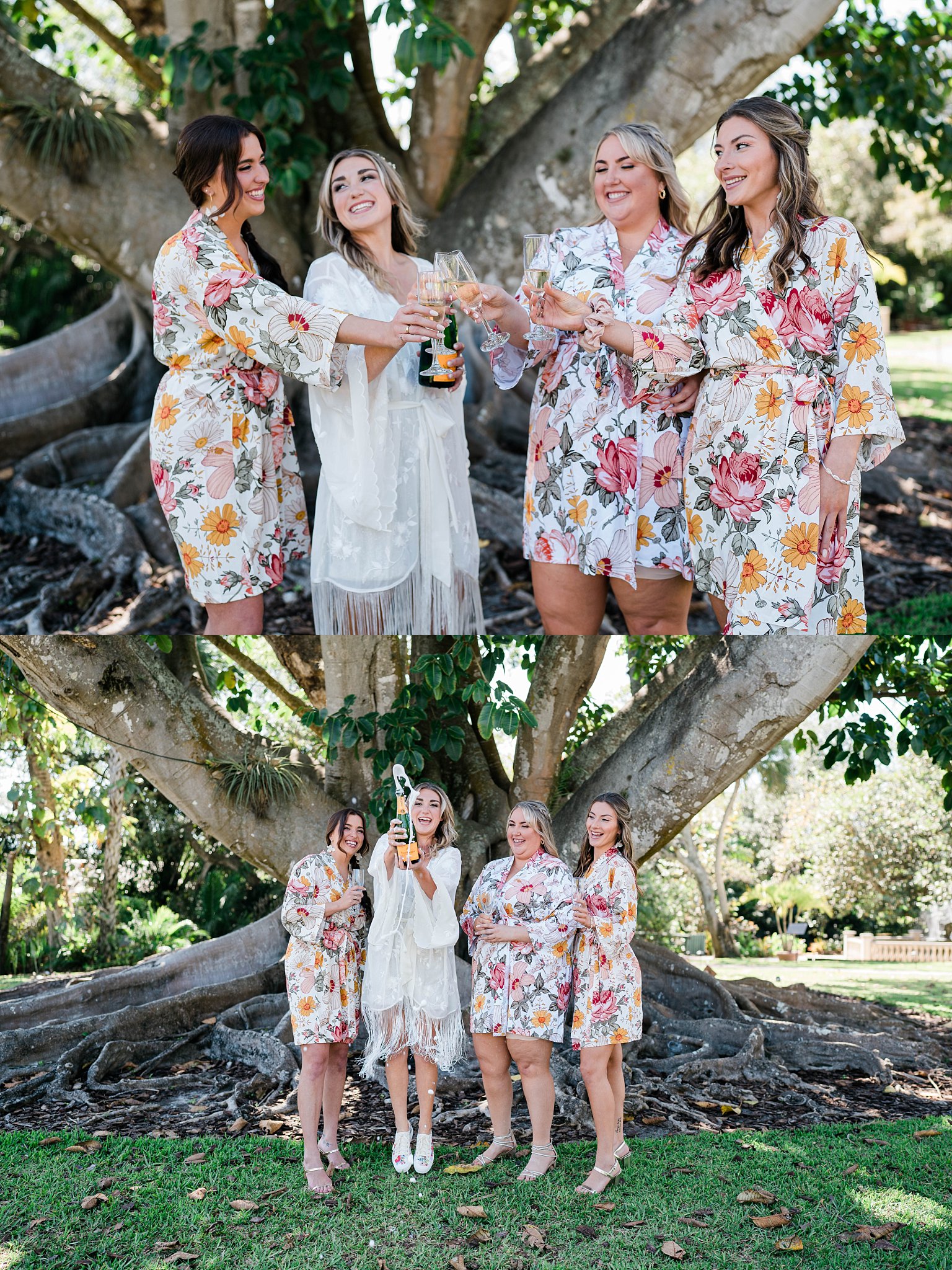 Old Florida Style Wedding floral bridesmaid robes and white fringed bridal robe