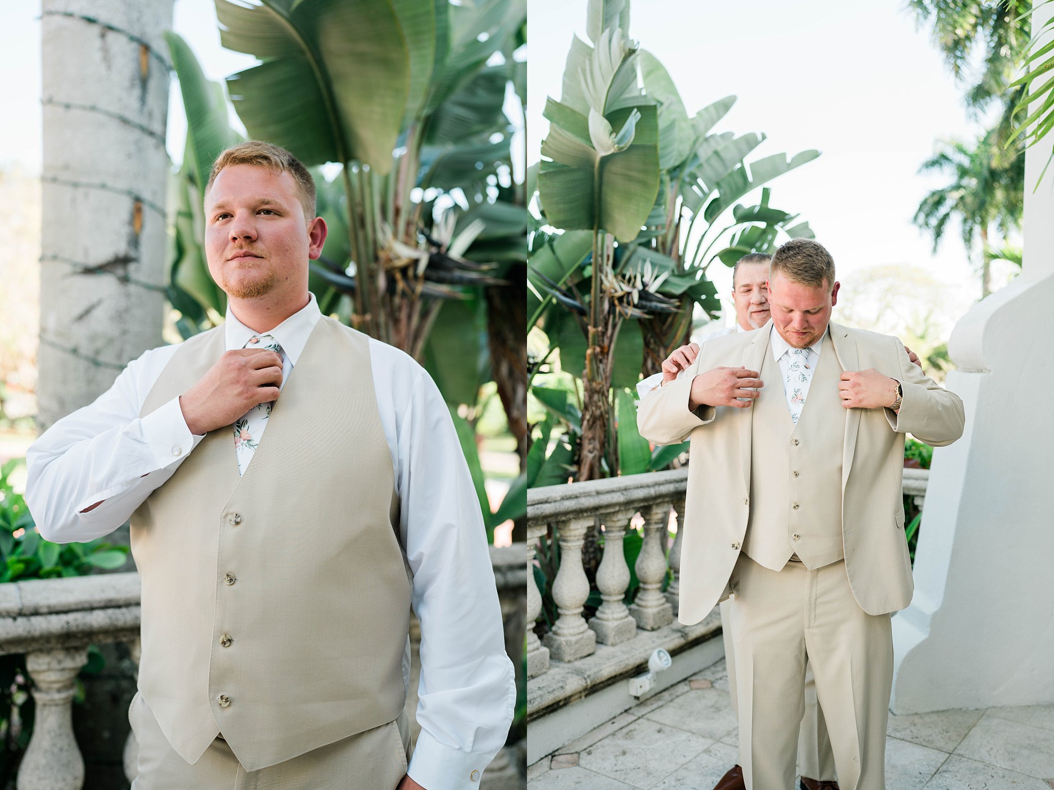Florida groom straightens tie in all tan suit for Bonita Springs wedding day