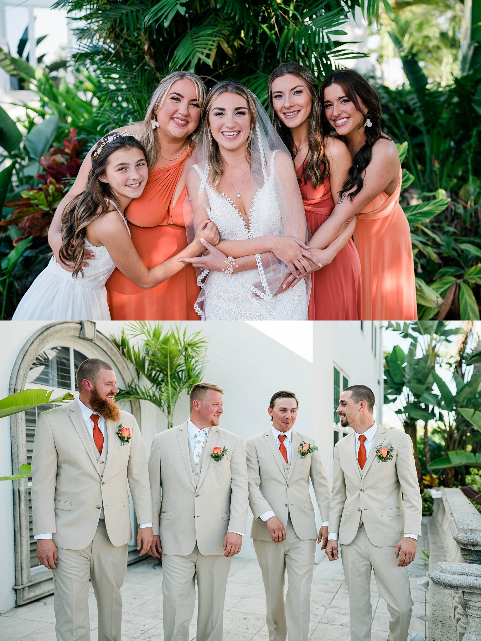 Bridal party wears tans and orange colors for Old Florida style wedding in Southwest Florida