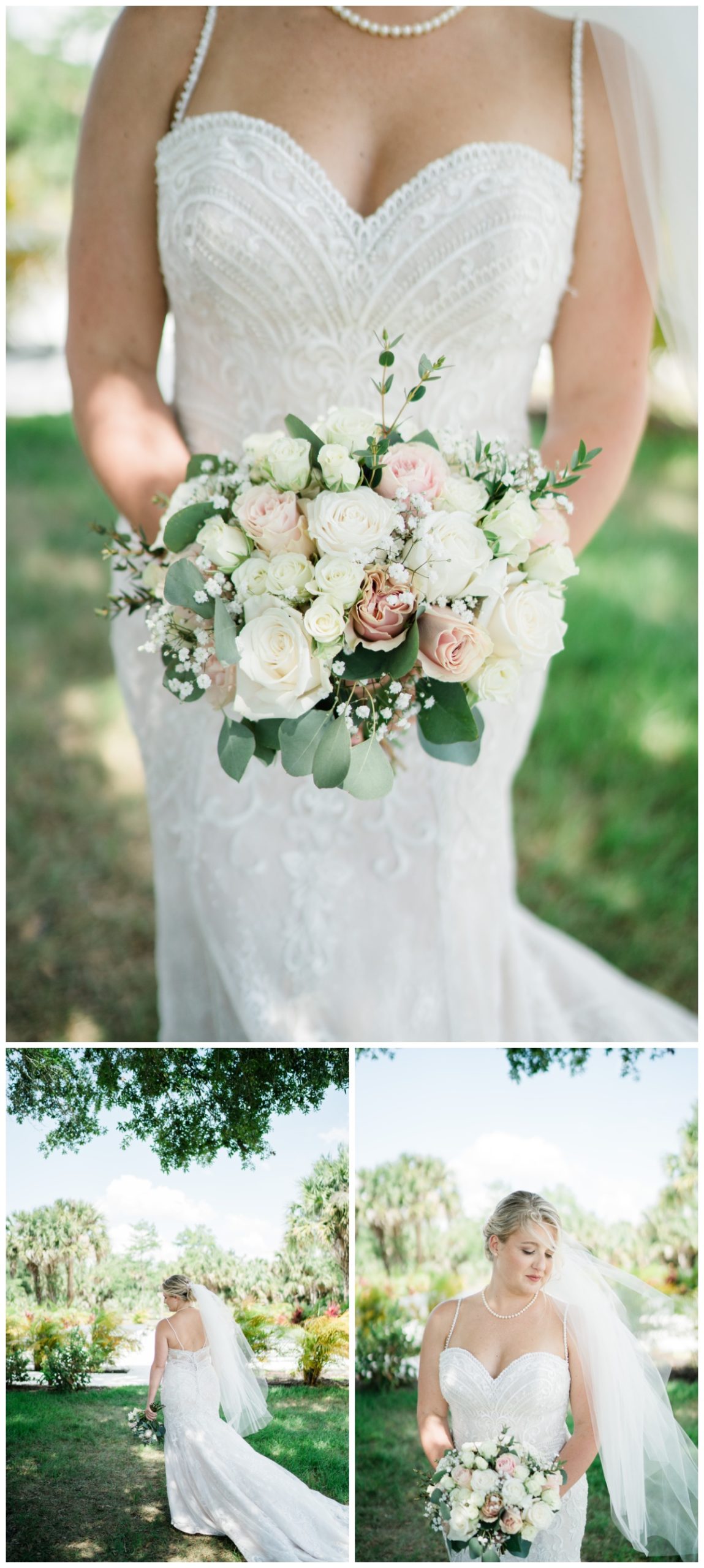 Bride holds bouquet of pink and white roses during Southwest Florida wedding day photographed by Florida wedding photographer