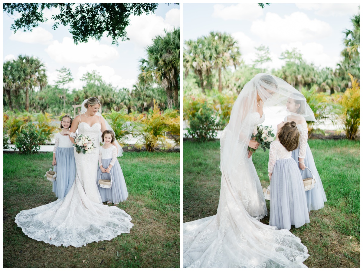 Bride embraces flower girls on Naples wedding day photographed by destination wedding photographer