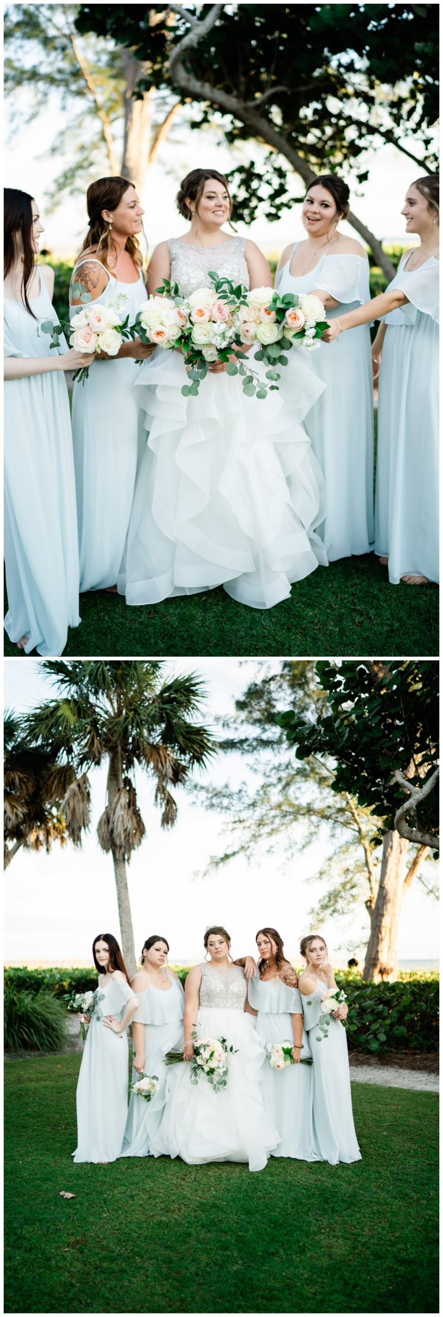 Ice blue bridesmaids attire worn by Florida bridal party. Photographed by Bonita Springs wedding photographer