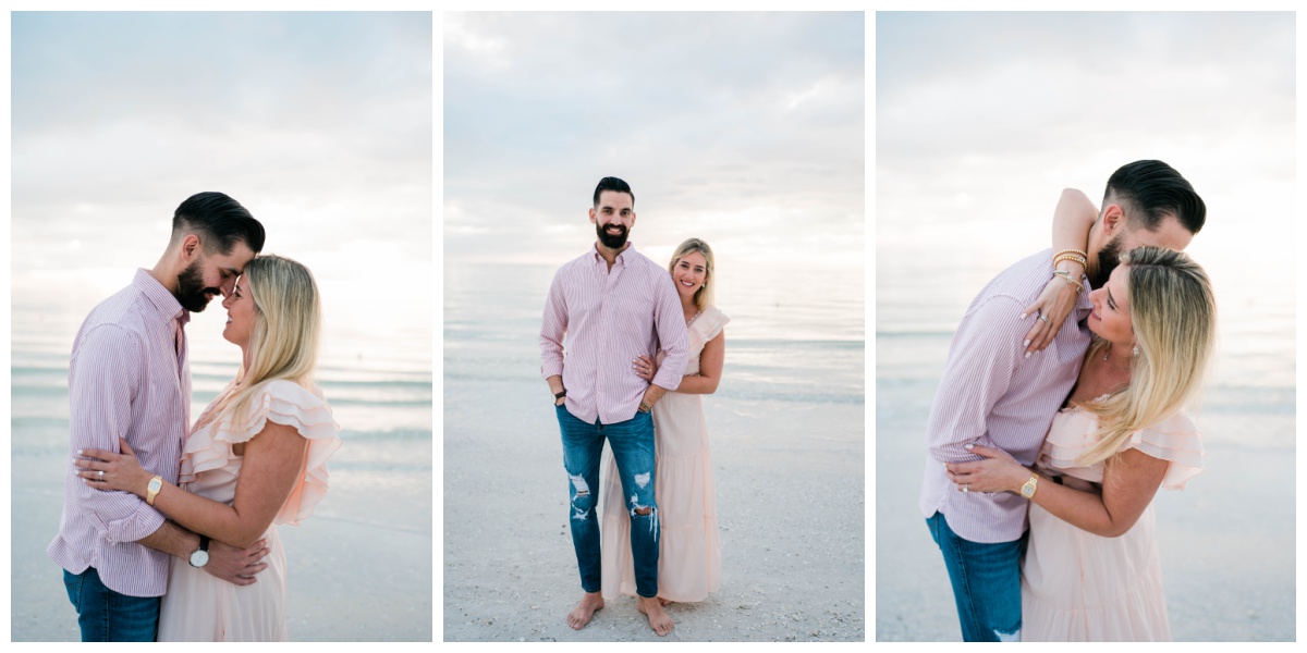 engaged couple embraces during sunset during beach engagement photoshoot by Fort Myers wedding photographer