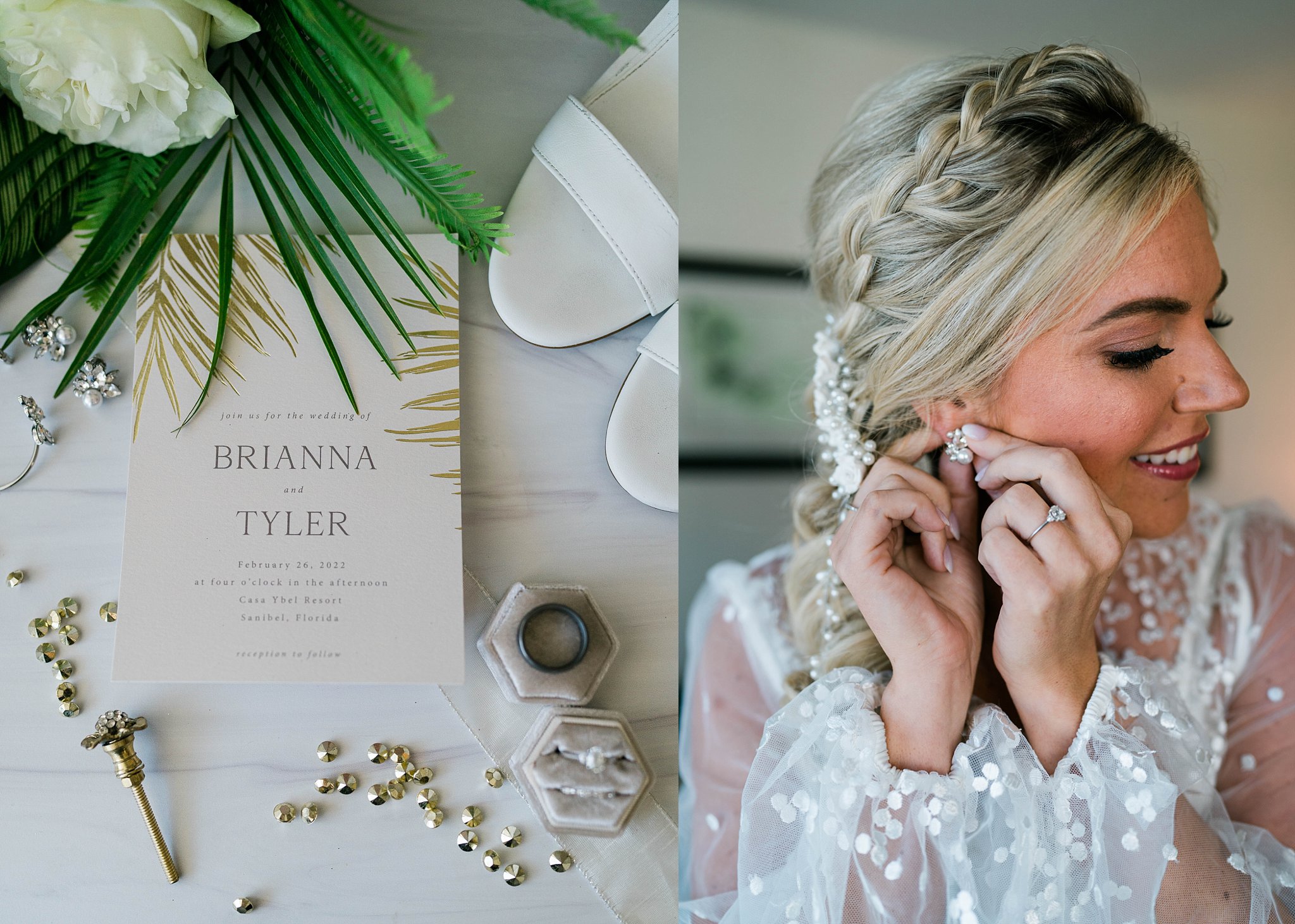 tropical beach bridal details include pearl clustered earrings, braided bridal updo and gold tropical invitations