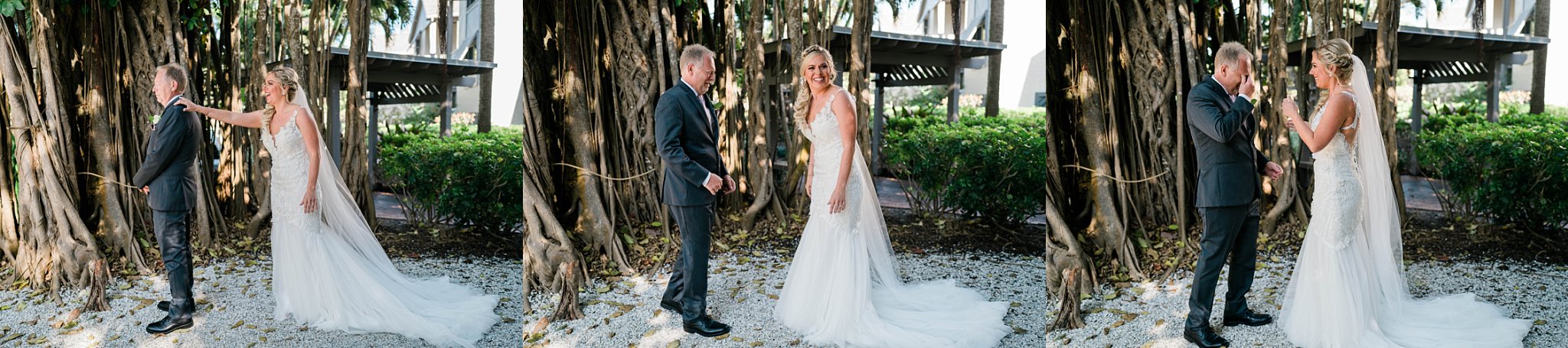 father cries tears of joy during father daughter first look during Southwest Florida wedding day
