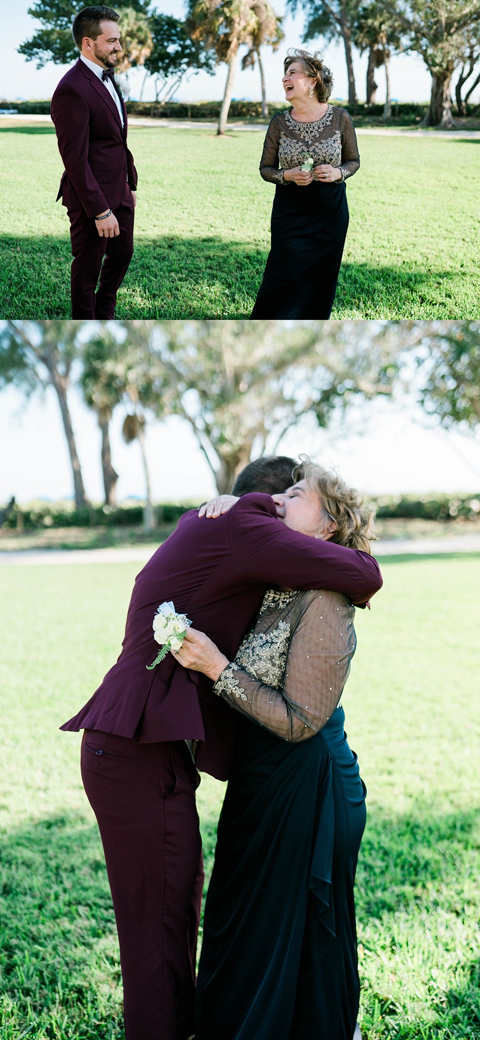 mother cries tears of joy during mother son first look on son's Southwest Florida wedding day