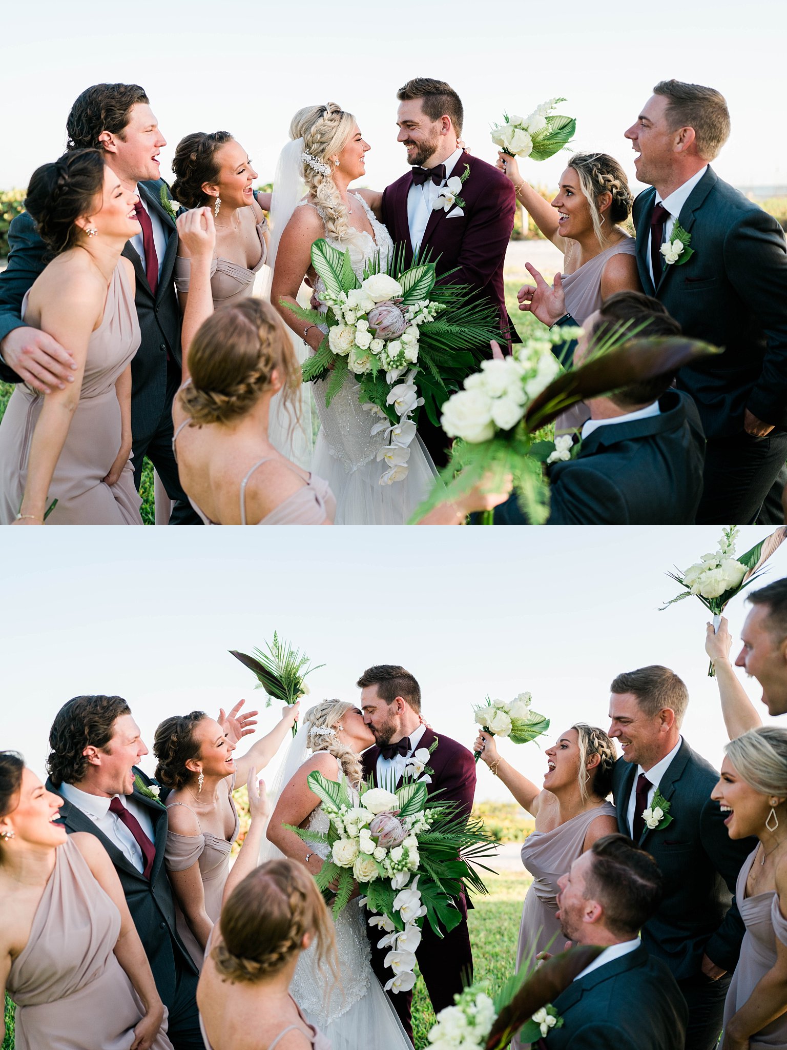 beach bridesmaids and groomsmen smile at bride and groom on Florida wedding day