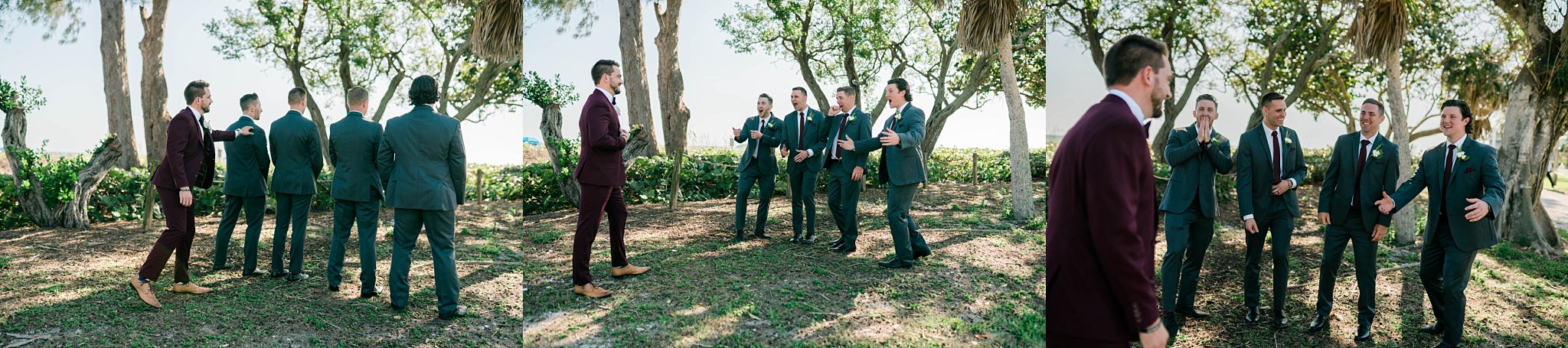 groom shares first look with his groomsmen on Florida wedding day