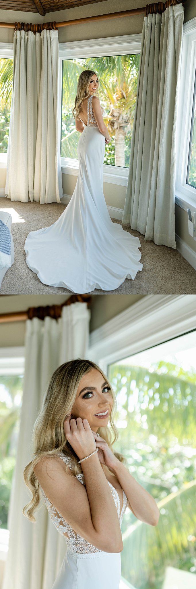 Florida bride smiles while wearing a form fitting white beach bridal gown 