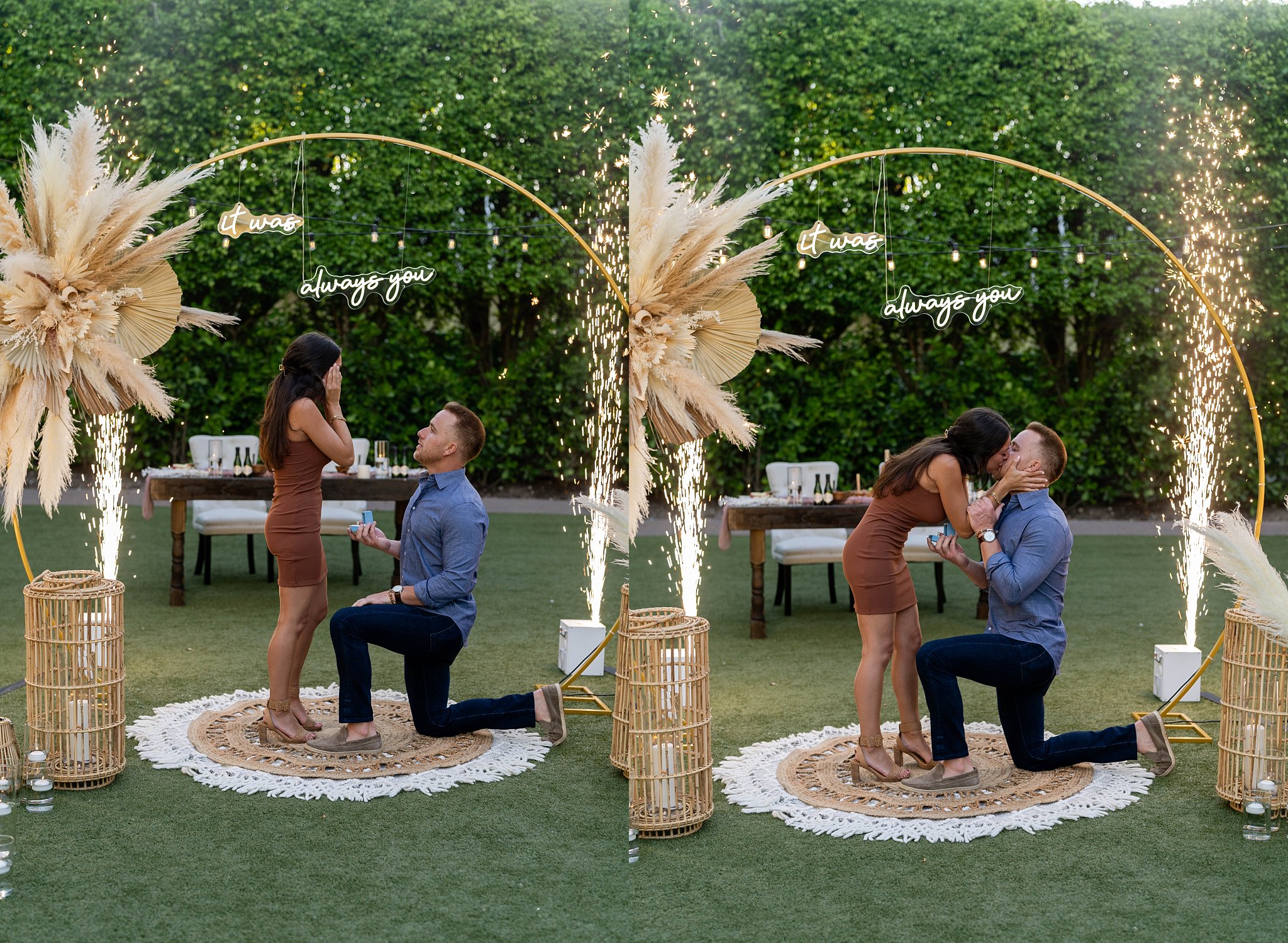 Bride to be looks shocked and overjoyed as her boyfriend proposes amidst candles, flowers and sparklers during Bonita Springs Proposal of a Lifetime