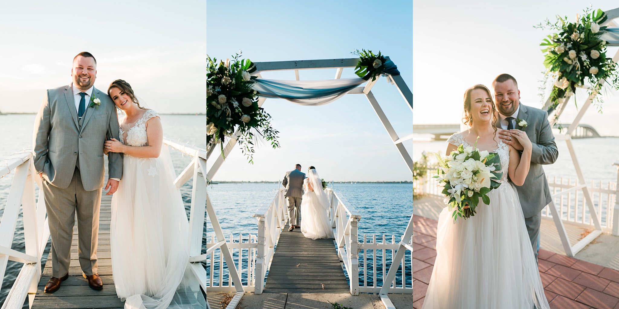 Southwest Florida bride and groom smile waterfront on Heitman House Wedding day