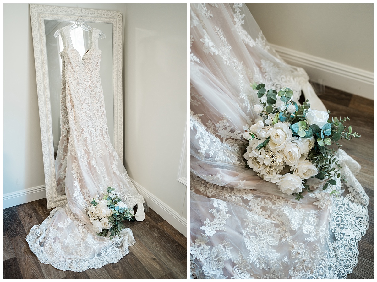 Southwest Florida bridal details. Laced gown with white and powder blue bridal bouquet