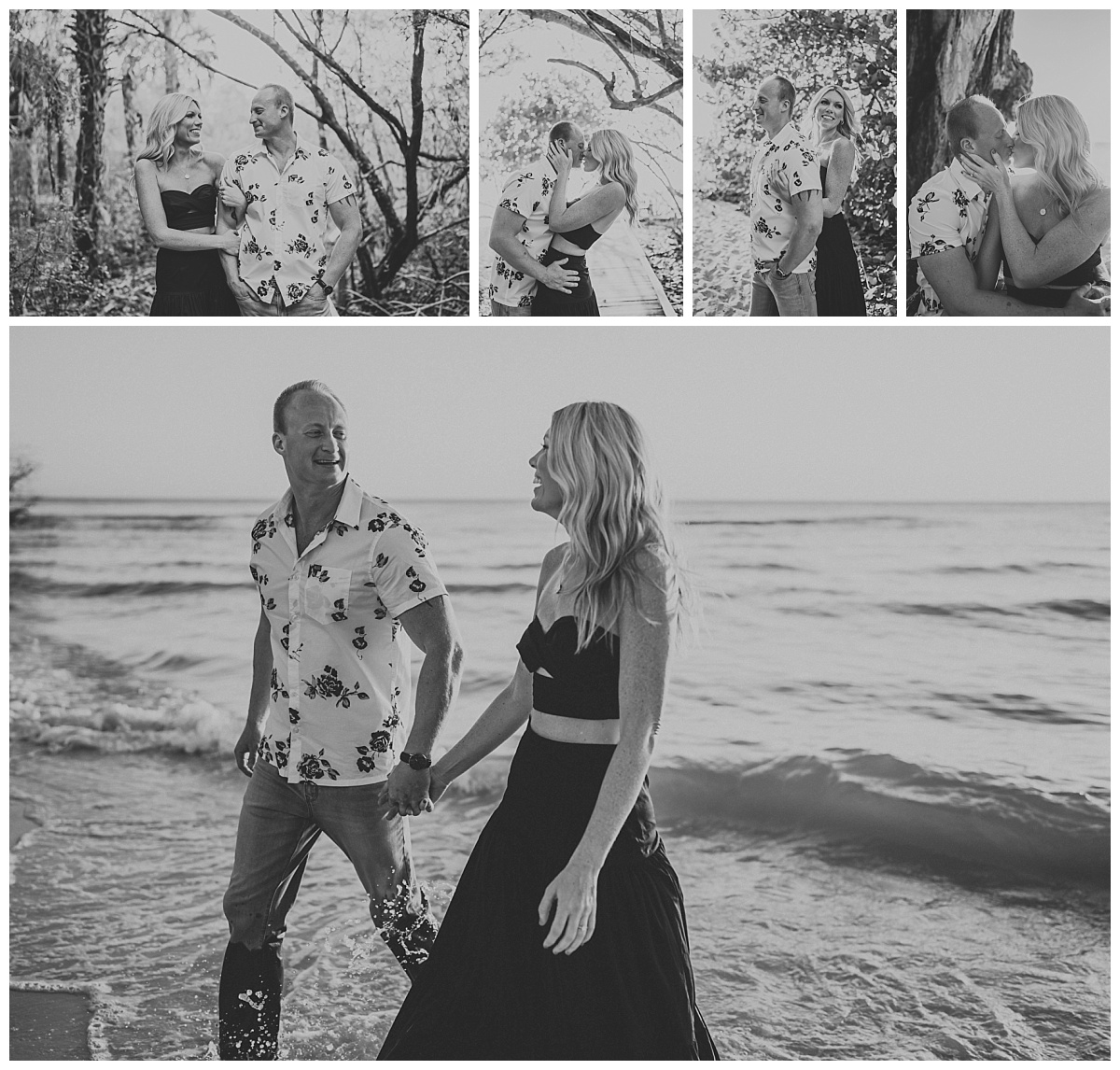 black and white florida beach engagement photos. couple holds hands and kisses