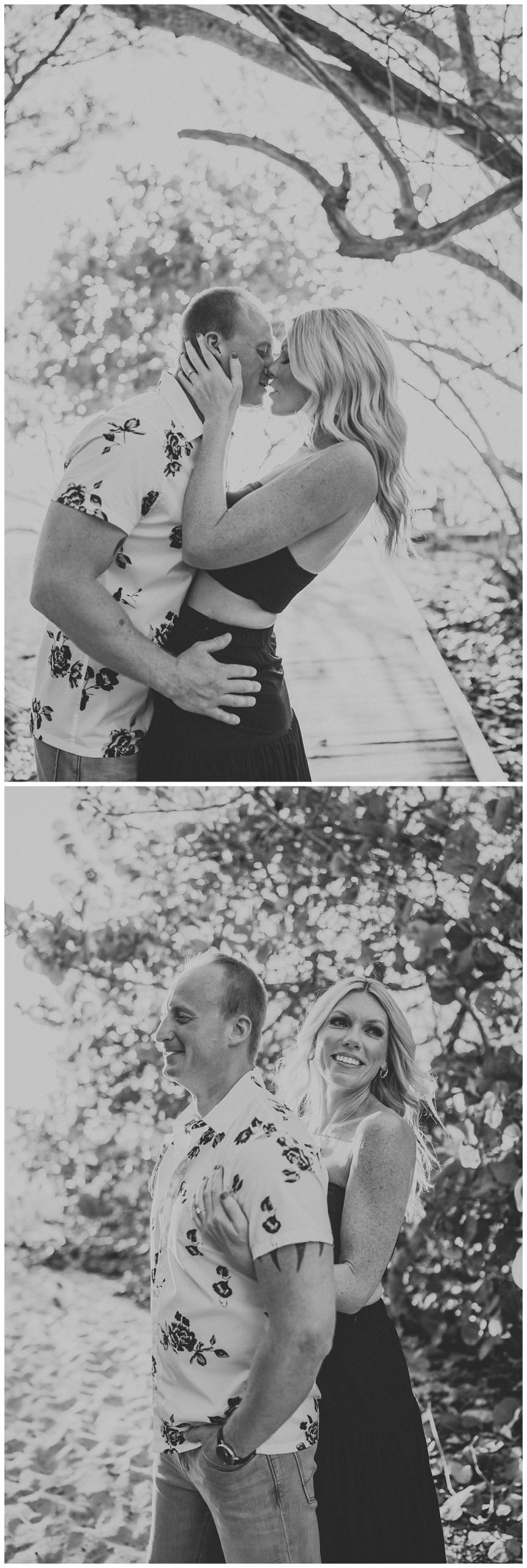 black and white florida beach engagement photos. couple holds hands and kisses